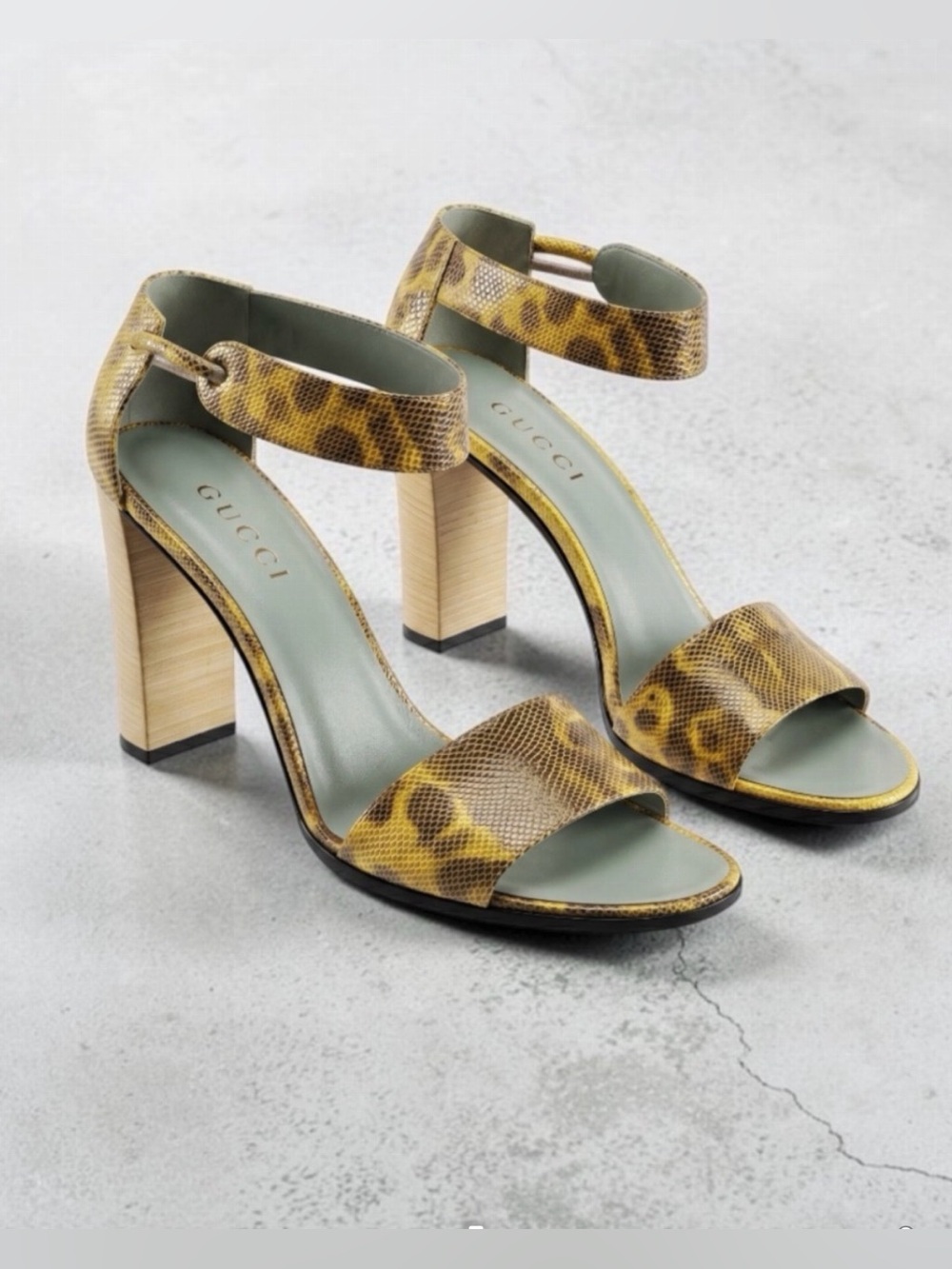 Gucci Yellow & Brown Snakeskin-Effect Ankle Strap Heels